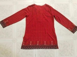 Red Printed Kurta with Embellishments