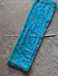 Turquoise Floral Embroidered Saree with Blouse