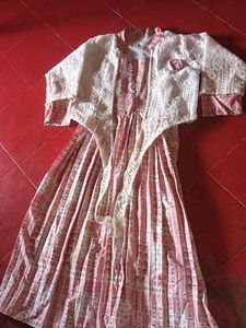Elegant Pink Printed Kurta Set with Lace Jacket