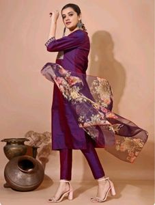 Elegant Purple Floral Kurti pant dupatta Set