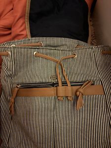 Striped Backpack with Faux Leather Trim