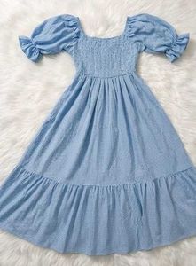 Aesthetic Light Blue Gingham Smocked Midi Dress