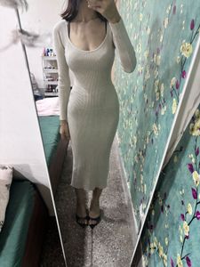 Ribbed Knit Long Sleeve Midi Dress