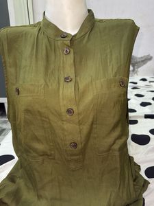 Olive Green Sleeveless Button-Up Top