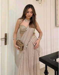 Elegant Beige Embellished Saree