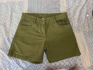 Olive Green Lace Trim Shorts