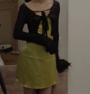 Chic Lime Green Slip Dress with Black Cardigan