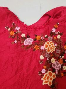 Embroidered Red Kurta Set
