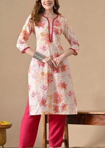 White Floral Printed Kurti for Women | Pink & Oran