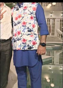 Men's Floral jacket with plain blue kurta pjama