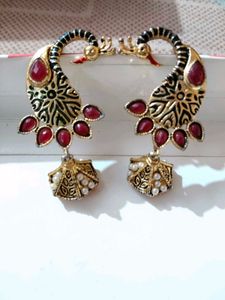 Peacock Design Earrings with Red Stones