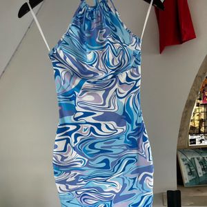 SHEIN Blue Swirl Print Halter Neck Dress