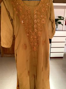 chikankari Kurta with Mirror Work -rustic brown