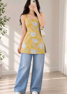 Yellow Floral Print Kurta Top
