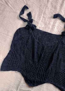 Navy Blue Knit Crop Top with Tie Shoulders