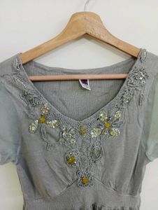 Gray Embellished Short Sleeve Dress
