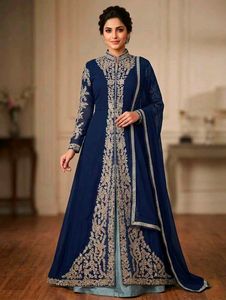 👑 Royal Blue Front-Slit Long Anarkali Suit Set.