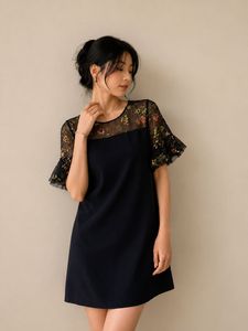Elegant Black Dress with Floral Mesh Sleeves