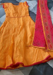Silk Suit With Brocade Dupatta With Tassels For Little Girls