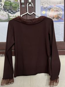 Brown Ruffle Trim Long Sleeve Top