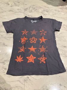 Grey T-Shirt with Orange Star Print