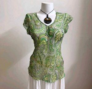 y2k vintage Green Paisley Printed Sheer Top Boho🔥