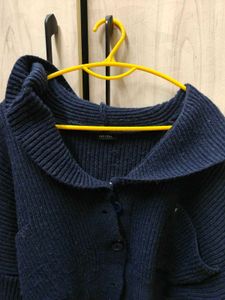 Navy Knit Cardigan with Oversized Collar
