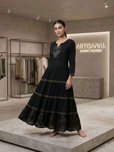 Elegant Tiered Black Maxi with Tribal Prints