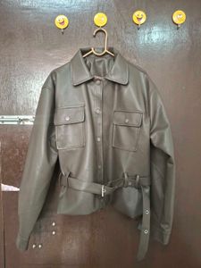 Stylish Faux Leather Belted Jacket