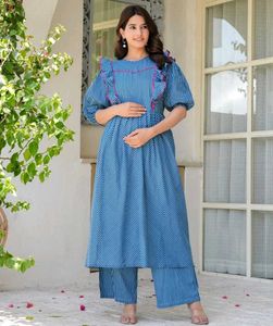 Indigo Cotton Feeding Flare Kurta Set