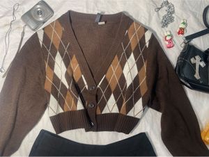 Brown Argyle Cropped Cardigan