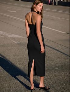 Sleek Black Halter Neck Midi Dress