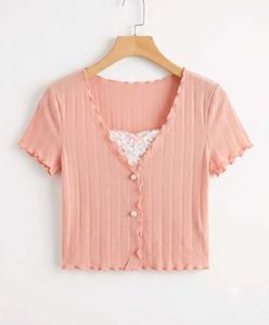 Sheer Lace Trim Cropped Ribbed Top