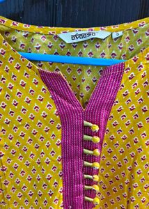 Yellow Printed Kurta with Pink Accents