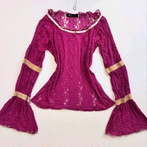 Y2k Vintage inspired Fuchsia Lace Bell sleeve Top