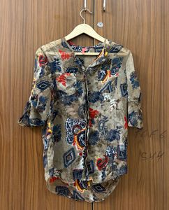 Sheer Print Button-Up Shirt