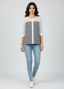 Houndstooth Print Top with Mesh Detail