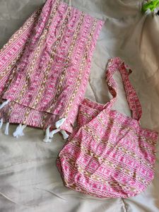Pink Patterned Tote Bag & Scarf Free size