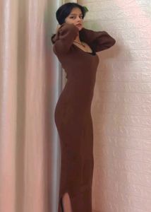 Brown Ribbed Bell Sleeve Maxi Dress