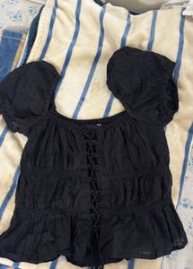 Black Puff Sleeve Lace-Up Top
