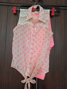 Cute Polka Dot Shirt &amp; Pink Jeans Set