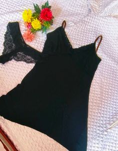 Lace Trim Black Slip nighty with thong