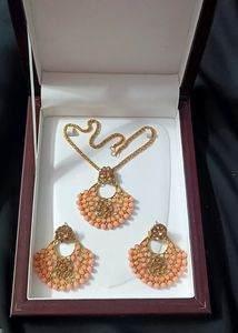 Beautiful Peach Necklace Set With Big Matching Earrings || Grab Now