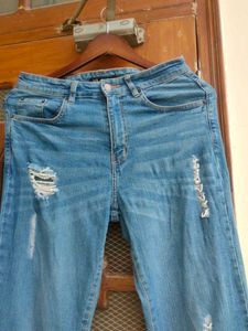 Y2K Beaded Ripped Blue Bootcut Jeans