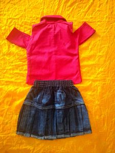 Cute Red Top &amp; Denim Skirt Set