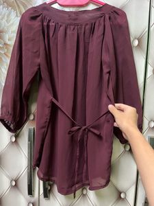 H&amp;M Maroon Sheer Pleated Button-Up Top