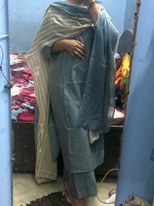 Blue Kurta Set with Matching Pants and Striped Dup