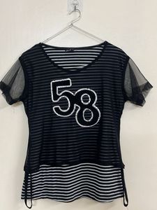 Black Sheer Striped Top with '58' Detail