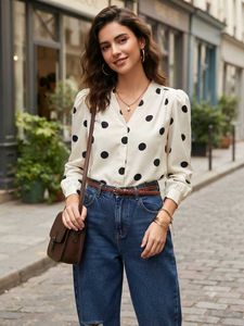 Polka Dot V-Neck Button-Up Blouse