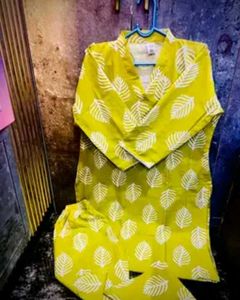 New Lime Green Leaf Print Kurta Set